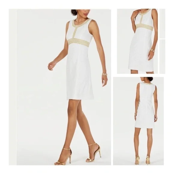 Pappagallo Natural White/Gold Textured Floral Print Sheath Dress - Picture 1 of 16